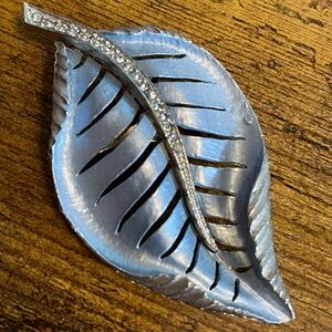 Vintage Park Lane Silvertone Leaf Brooch, Rhinestone and Silver Tone Pin